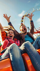Couple screaming on a roller coaster ride at an amusement park for mobile