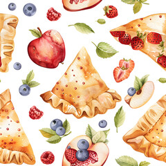 WATERCOLOR clipart seamless, Apple Turnovers, pies and pastries, fruits, the style of pastel colour , birthday event, desserts part.