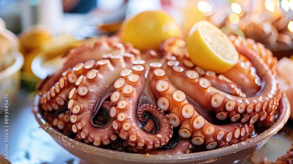 Sticker Boiled octopus fresh from the pot Seafood on display Healthy dish Ample space Close up shot