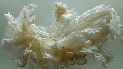 The image depicts a beautiful dancer swirling in a cloud of flowing white fabric, perfect capturing the essence of elegance and motion, evoking emotions of freedom, grace, and ethereal beauty.