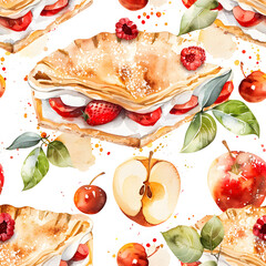 WATERCOLOR clipart seamless, Apple Turnovers, pies and pastries, fruits, the style of pastel colour , birthday event, desserts part.