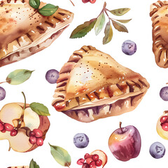 WATERCOLOR clipart seamless, Apple Turnovers, pies and pastries, fruits, the style of pastel colour , birthday event, desserts part.