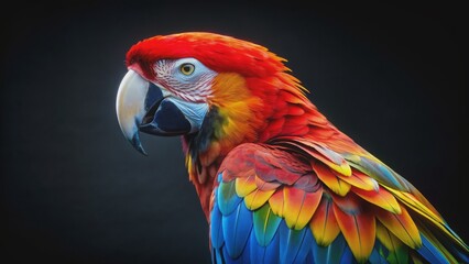 Naklejka premium Colorful parrot with vibrant red, blue, and yellow feathers on black background, exotic, tropical, bird, vibrant, vivid