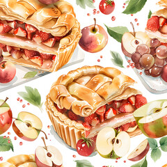 WATERCOLOR clipart seamless, Apple Pie, pies and pastries, fruits, whipped cream in the style of pink and green, sky-blue and aquamarine, birthday event, desserts party.