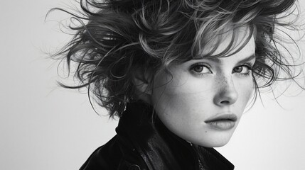 Naklejka premium A close-up black and white portrait of a young person with a thoughtful expression and messy short hair, reflecting a sense of contemplation and depth in their gaze.
