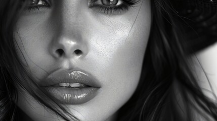 This black and white close-up photo captures the right eye with strands of hair weaving in and out of the frame, focusing on the intricate details and textures of the eye and hair in an expressive ma