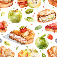 WATERCOLOR clipart seamless, Apple Turnovers, pies and pastries, fruits, the style of pastel colour , birthday event, desserts party.