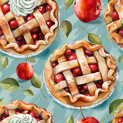 WATERCOLOR clipart seamless, Apple Pie, pies and pastries, fruits, whipped cream in the style of pink and green, sky-blue and aquamarine, birthday event, desserts party.