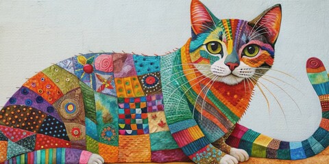 Fototapeta premium Abstract patchwork collage of a vibrant cat made from textured elements , abstract, patchwork, collage, cat, animal