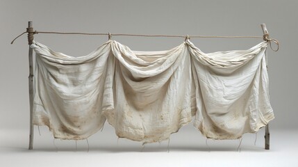 Three old cloth sheets are hung on a rope, showing weathered and stained textures in a rustic outdoor setup, symbolizing simplicity and the passage of time.