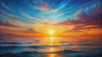 Obraz premium Abstract painting of a sunset over the ocean horizon , abstract, painting, sunset, ocean, horizon, colorful, vibrant, art