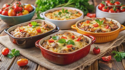 Obraz premium Close-up of delicious homemade casseroles with meat and vegetables, casserole, homemade, mouthwatering, flavorful