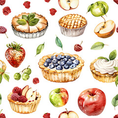 WATERCOLOR clipart seamless, Apple Turnovers, pies and pastries, fruits, the style of pastel colour , birthday event, desserts party.