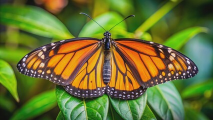 Vibrant orange and black monarch butterfly on green leaf, monarch, butterfly, orange, black, vibrant, colorful, insect, wings