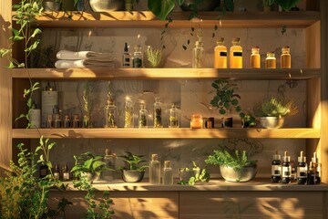 Fototapeta premium Contemporary spa room with herbal remedies and essential oils on wooden shelves, bathed in warm light