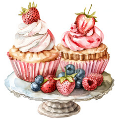 WATERCOLOR clipart illustration, white background Strawberry Shortcake, pies and pastries, fruits, whipped cream in the style of pink and green, sky-blue and aquamarine, birthday event.