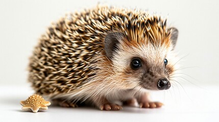 Fototapeta premium Charming photo of a cute hedgehog with sharp spines, positioned next to a miniature toy hedgehog, both on a pristine white background, capturing their detailed textures and small size.