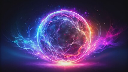 Obraz premium Abstract neon energy sphere with magical glowing particles and waves