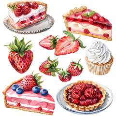 WATERCOLOR clipart illustration, white background Strawberry Shortcake, pies and pastries, fruits, whipped cream in the style of pink and green, sky-blue and aquamarine, birthday event.