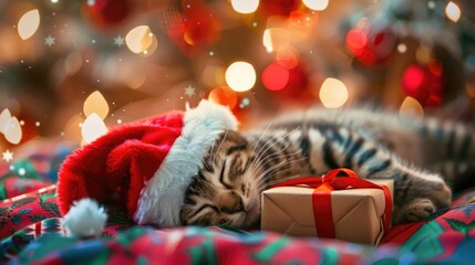 Obraz premium Kitten in red Christmas hat sleeps with gift box on festive background
