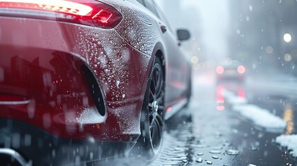This image captures the rear view of a red car driving through a rainy city, highlighting urban life, motion, and the reflective beauty of a wet environment, suggesting both realism and artistry.