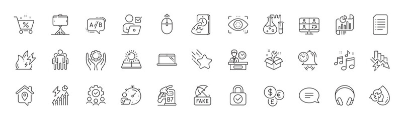Teamwork, Sun energy and Presentation time line icons. Pack of Music, Swipe up, Saving electricity icon. Recycle water, Time management, Fitness pictogram. Work home, Spanner, Headphones. Vector