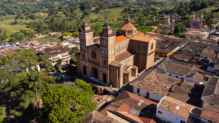 Jerico, Antioquia - Colombia - July 21, 2024. Virgin of Mercedes Cathedral of Catholic worship, located in the main park.