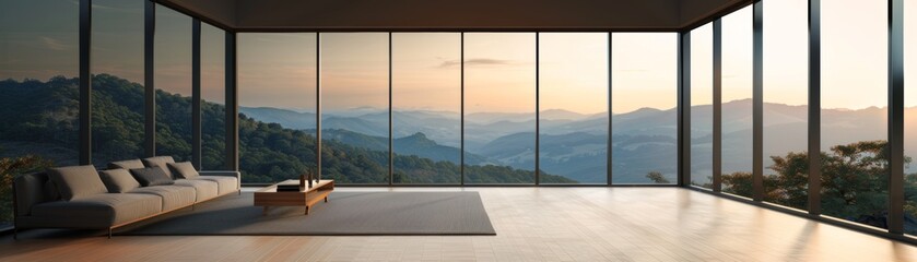Fototapeta premium Modern living room with panoramic glass walls offering a stunning mountain view at sunrise, featuring minimalist decor and comfortable seating.