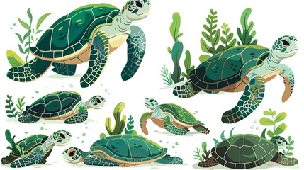 colorful sea turtles swim peacefully on a white background