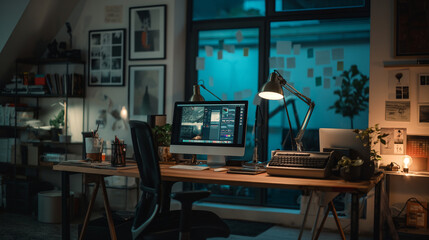 A computer desk with a monitor, keyboard, and a lamp