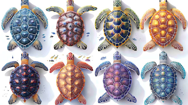 colorful sea turtles swim peacefully on a white background
