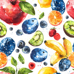 fruits seamless pattern pattern is colorful and attractive, in the style of watercolor painting, detailed background elements. white background