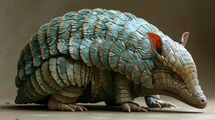 Obraz premium A highly detailed close-up image showcasing an armadillo with intricately designed and colorful scales, reflecting a blend of artistic craftsmanship and nature's beauty, blending realism with a touch