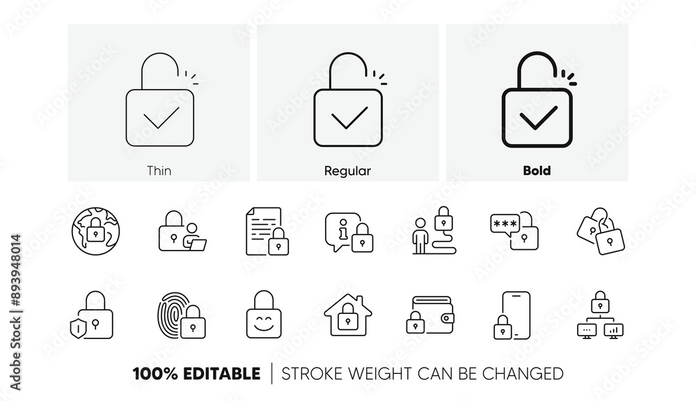 Poster fingerprint protection, unlock code and lock password icons. locks line icons. open padlock, locked 