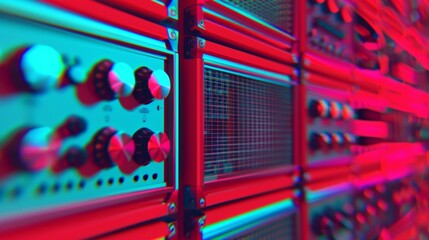 Vibrant close-up of Guitar Amps with glowing red and blue lights