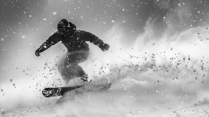 A snowboarder clad in black gear is depicted executing a sharp turn on a snowy slope, surrounded by a flurry of snow particles, capturing the thrill and intensity of snowboarding.