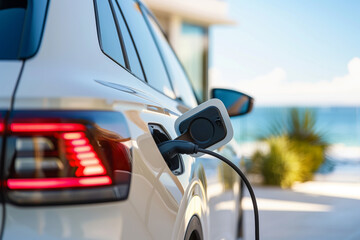 A close-up of a white electric car charging in front of a villa at the beach