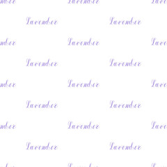 Lettering of the word lavender. Cursive. Seamless pattern. Vector illustration.
