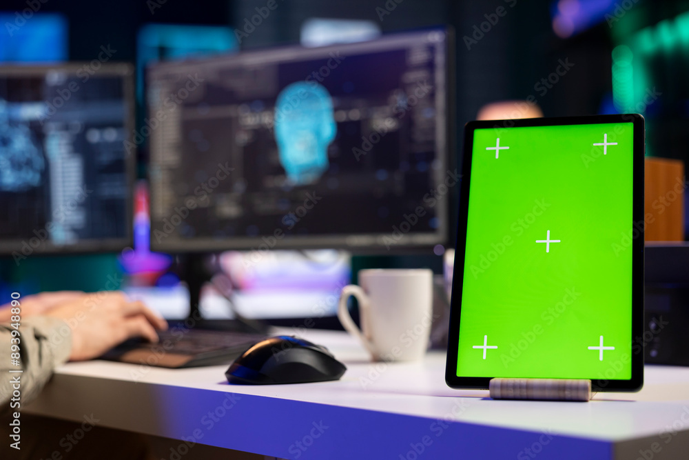 Poster focus on isolated screen tablet next to man in blurry background talking with ai gaining consciousne