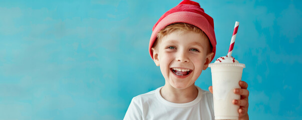 Happy Boy in Red Hat Enjoying a Milkshake