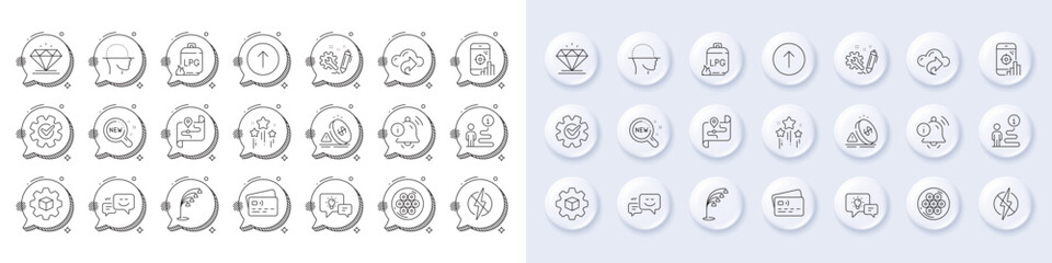 New products, Information bell and Idea lamp line icons. White pin 3d buttons, chat bubbles icons. Pack of Engineering, Cogwheel, Stars icon. Diamond, Cable section, Gas cylinder pictogram. Vector