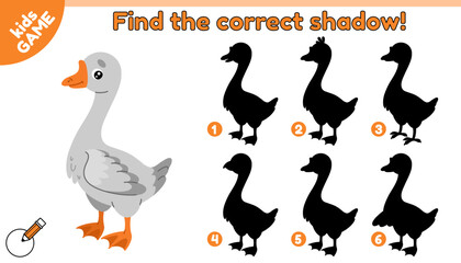 Educational kids game. Find the correct shadow. Cartoon goose. Cute farm bird. Puzzle for preschool and school children. Worksheet for education. Baby vector color illustration for activity book.