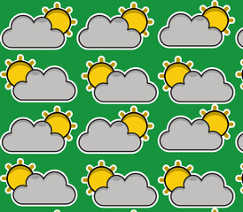 Simple image of a cute cloud and sun pattern, with a green background. Vector illustration