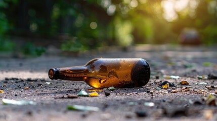 Broken beer bottle on ground Symbol of alcoholism Image with empty space