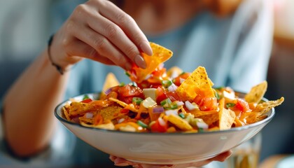 Woman's hand taking a nacho chip from a bowl of nachos