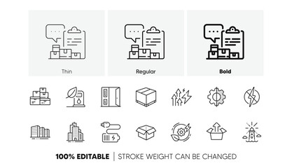 Send box, Transform and Open box line icons. Pack of Battery, Inventory report, Green energy icon. Lighthouse, Buildings, Petrol station pictogram. Skyscraper buildings, Antistatic, Open door. Vector