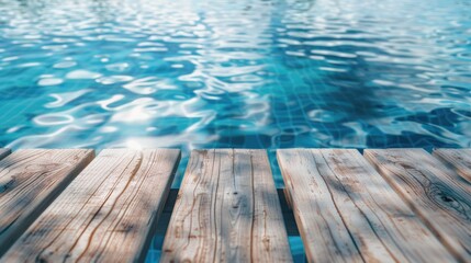 Obraz premium Blue wooden platform with reflection on water sunny summer relaxation by pool Natural seaside spa space for text
