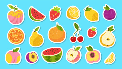 Fruits or berries sticker cartoon set. Sliced citrus lemon orange, apple, pear, watermelon peach fruits, trendy sticky patch. Juicy strawberry, plum, cherry kids clipart drawn. Vector design for print