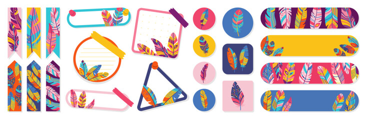 Bookmark and sticker stationery set with bird feathers design. Paper book mark template colorful sticky patch. Ethnic boho folk feather design for badge, book notepad reminder. Vector illustration