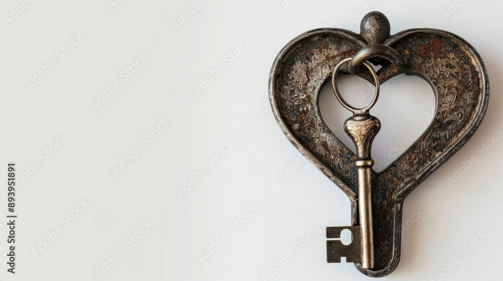 Poster key unlocking heart shaped lock on white backdrop with space for text